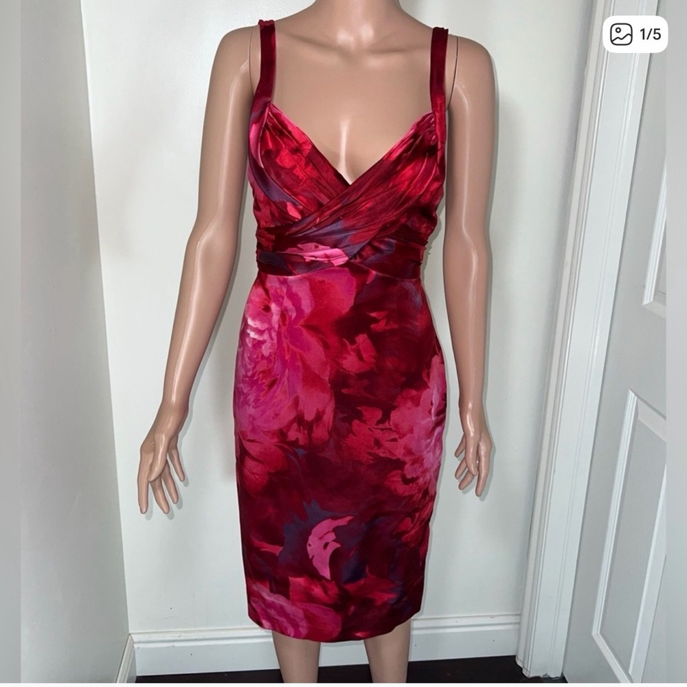 David Meister Size 6 Red Pink Floral Ruched Bodycon Midi Cocktail Dress EUC
